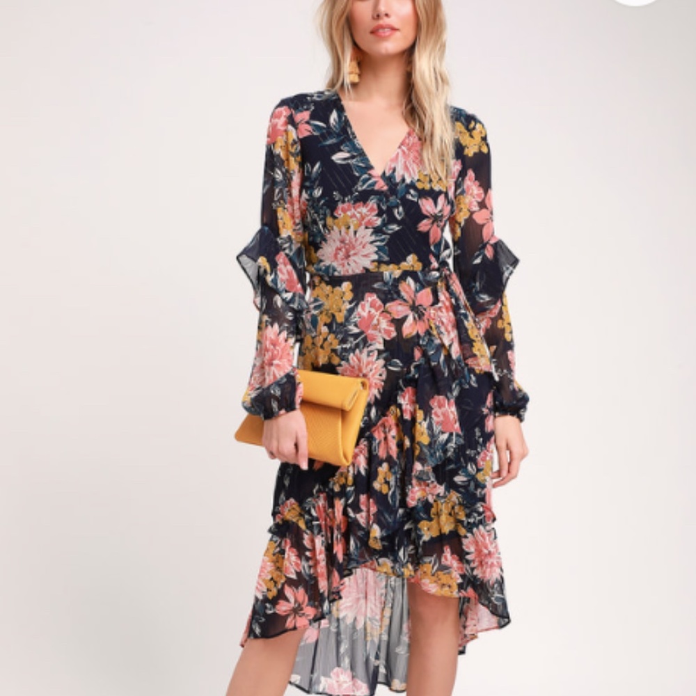 lulu's Alana Navy Blue Floral Print Long Sleeve Ruffled Midi Dress